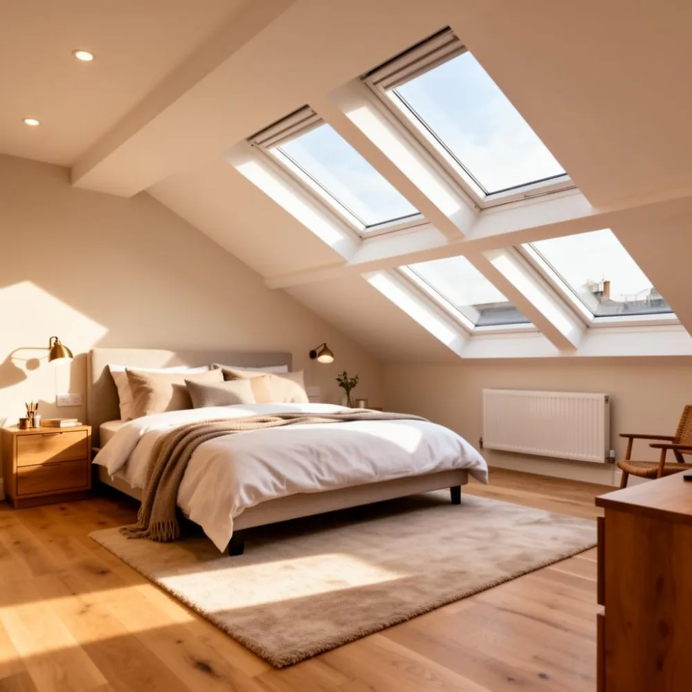 Converted loft bedroom with pitched ceiling and rooflight